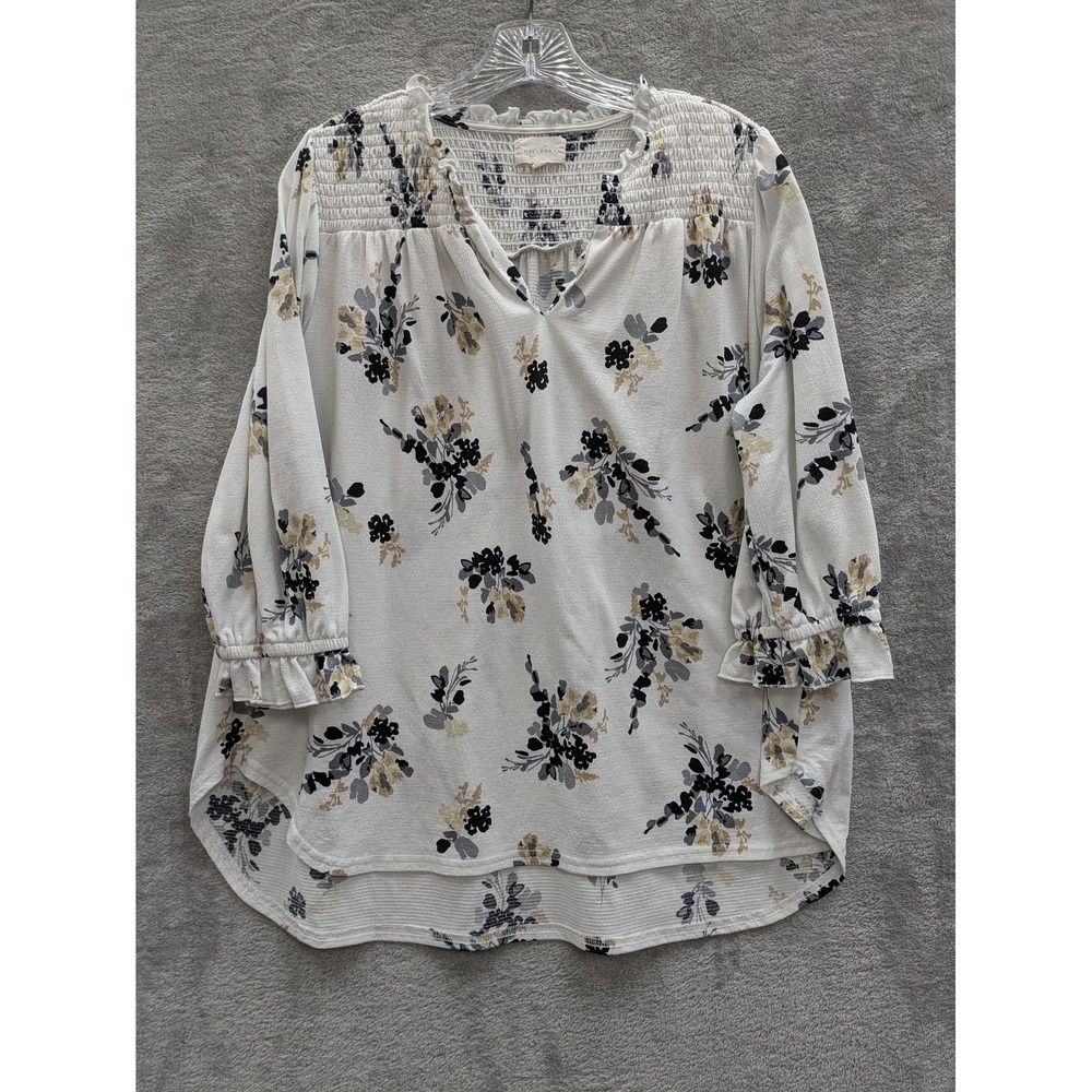 MELLODAY Blouse Womens 1X‎ White Floral 3/4 Sleeve Ruffle Tunic Top Knit